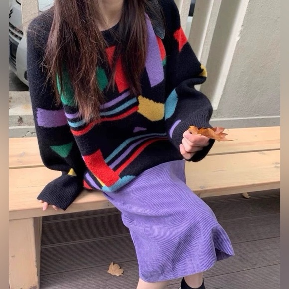 Sweaters - Colorful Geometric Knit Sweater & Purple Corduroy Skirt Set